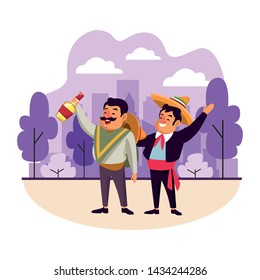 mexican traditional culture mariachis man with mexican hat and suit and man with moustache, mexican hat and tequila bottle avatar cartoon character over the grass with trees and clouds vector