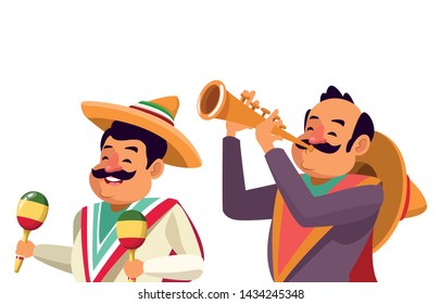 mexican traditional culture mariachis man with moustache, mexican hat and maracas and man with moustache, mexican hat and trumpet avatar cartoon character vector illustration graphic design