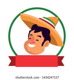 mexican traditional culture mariachis man with mexican hat face profile picture avatar cartoon character portrait in round icon with ribbon banner vector illustration graphic design