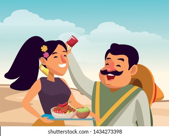 mexican traditional culture mariachis man with moustache, mexican hat and tequila bottle and woman with flowers in her hair holding a tray with bowl of beans, guacamole and chili pepper avatar cartoon