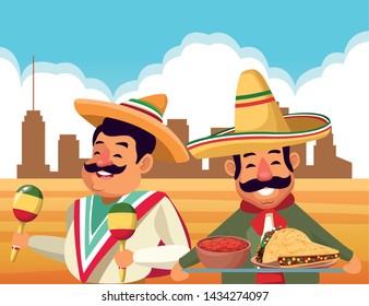mexican traditional culture mariachis man with moustache, mexican hat and maracas and man with moustache and mexican hat holding a tray with mole sauce and tacos avatar cartoon character in desert