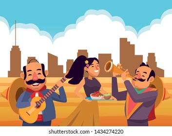 mexican traditional culture mariachis man with moustache, mexican hat and guitar, man with moustache, mexican hat and trumpet and woman with flowers in her hair holding a tray with bowl of beans