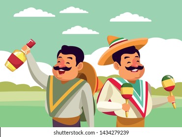 mexican traditional culture mariachis man with moustache, mexican hat and maracas and man with moustache, mexican hat and tequila bottle avatar cartoon character over the grass with shruberry and