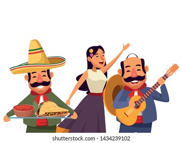 mexican traditional culture mariachis singer woman with flower in her hair and man with moustache, mexican hat and guitar avatar cartoon character vector illustration graphic design