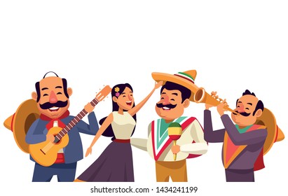 mexican traditional culture mariachis singer woman with flower in her hair, man with moustache, mexican hat and guitar, man with moustache, mexican hat and maracas and man with moustache, mexican hat