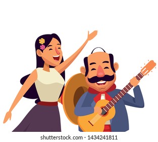 mexican traditional culture mariachis singer woman with flower in her hair and man with moustache, mexican hat and guitar avatar cartoon character vector illustration graphic design