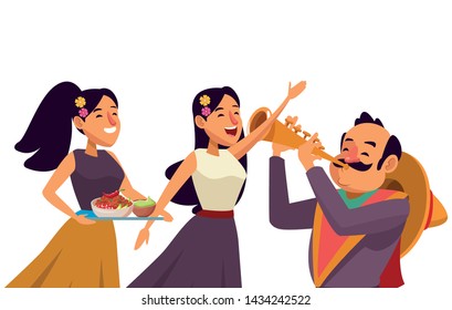 mexican traditional culture mariachis singer woman with flower in her hair, man with moustache, mexican hat and trumpet and woman with flowers in her hair holding a tray with bowl of beans, guacamole