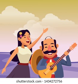 mexican traditional culture mariachis singer woman with flower in her hair and man with moustache, mexican hat and guitar avatar cartoon character in desert lanscape and cloudy sky vector illustration