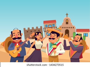 mexican traditional culture mariachis singer woman with flower in her hair, man with moustache, mexican hat and guitar, man with moustache, mexican hat and maracas and man with moustache, mexican hat