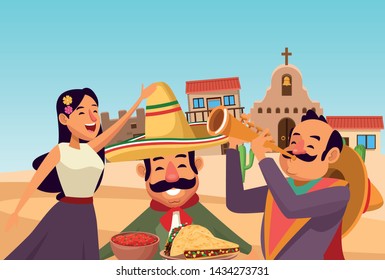 mexican traditional culture mariachis singer woman with flower in her hair, man with moustache, mexican hat and trumpet and man with moustache and mexican hat holding a tray with mole sauce and tacos