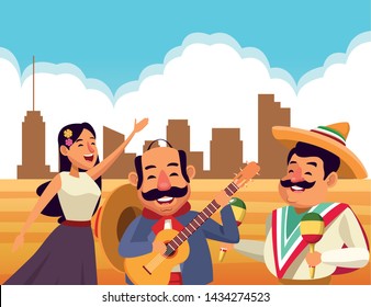 mexican traditional culture mariachis singer woman with flower in her hair and man with moustache, mexican hat and guitar avatar cartoon character in desert lanscape and cloudy sky and building