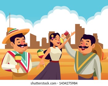 mexican traditional culture mariachis singer woman with flower in her hair, man with moustache, mexican hat and maracas and man with moustache, mexican hat and tequila bottle avatar cartoon character