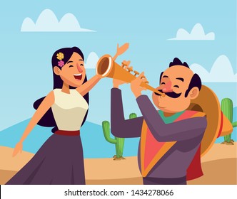 mexican traditional culture mariachis singer woman with flower in her hair and man with moustache, mexican hat and trumpet avatar cartoon character in desert lanscape and cloudy sky with cactus vector