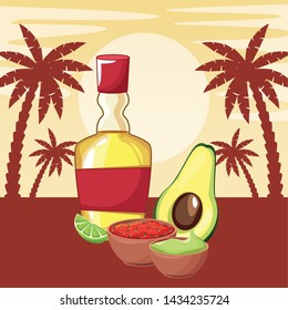 mexican traditional culture with tequila bottle, avocado, mole sauce, guacamole and lemon icon cartoon in sunny landscape with palms silhouette vector illustration graphic design