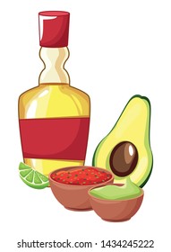 mexican traditional culture with tequila bottle, avocado, mole sauce, guacamole and lemon icon cartoon vector illustration graphic design