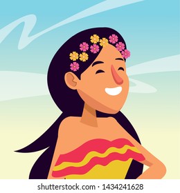 mexican traditional culture woman with flower in her hair face profile picture avatar cartoon character portrait vector illustration graphic design
