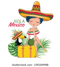 Mexican traditional cute girl. Vector Illustration. T shirt graphics for kids.Artworks, greeting cards, prints, kids fashion. Hola Mexico slogan.