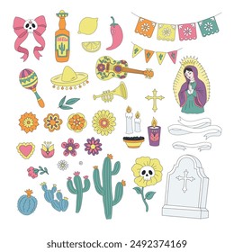 Mexican traditional Day of the Dead essentials vector clip-art set isolated on white. 