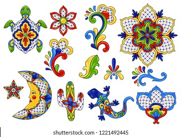 Mexican traditional decorative objects. Talavera ornamental ceramic. Ethnic folk ornament.