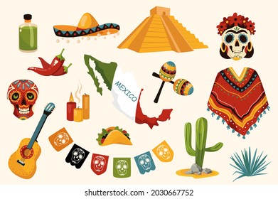 Mexican traditional design elements set. Collection of tequila, sombrero, skull, poncho, guitar, candles, cactus, maracas, country, pyramid. Vector illustration isolated objects in flat cartoon style