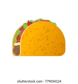 Mexican traditional dish - Tacos. Delicious food, eating, dish consisting of wheat tortilla with meat stuffing, seafood, beans, vegetables, flesh of cactus. Travel to Mexico. Vector illustration.