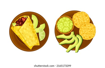 Mexican traditional dishes served on plates set. Top view of food of national cuisine vector illustration