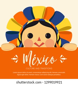 Mexican Traditional Doll, Maria – Vector Illustration – Copy Space