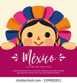 Muñeca Tradicional Mexicana, María - Ilustración vectorial - Espacio para copiar