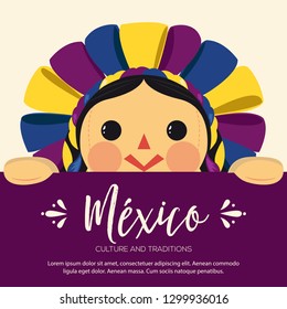 Mexican Traditional Doll, Maria – Vector Illustration – Copy Space