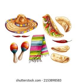 mexican traditional elements set, tacos, poncho, sombrero, maracas, colorful vector illustrations