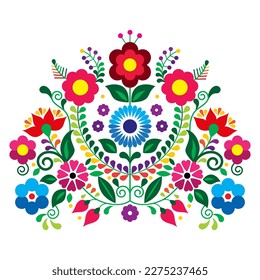 Mexican traditional embroidery style vector floral bouquet design, colorful pattern inspired by folk art from Mexico. Nature decoration, textile or fabric print perfect for greeting card