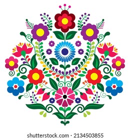 Mexican traditional floral embroidery style vector design composition with flowers, vibrant pattern inspired by folk art from Mexico. Nature decoration, textile or fabric print design element