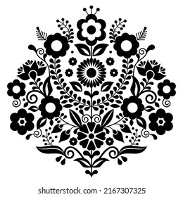 Composición de diseño vectorial de estilo floral tradicional mexicano con flores, patrón blanco y negro inspirado en el arte folclórico mexicano. Diseño monocromo natural, impresión textil o de tela 