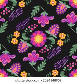 Mexican traditional floral Folk seamless pattern for Dia de los Muertos holiday. Mirrored composition with fantasy flowers and leaves n bright color. Vector illustration on black background