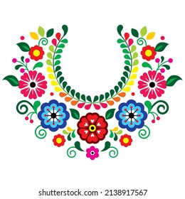 Mexican traditional folk art style vector pattern with flowers, wreath shaped floral design inspired by traditional embroidery from Mexico. Decorative ornament with vibrant flowers, leaves and swirls