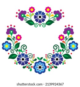 Colección de diseño con flores azules y violetas inspiradas en bordados tradicionales de México. Ornamentos retro con tulipanes, hojas 