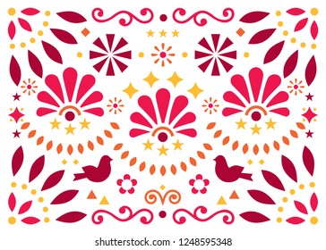 Mexican traditional folk art vector geometric pattern with flowers and birds, orange and red greeting card or invitaion design inspired by traditional art from Mexico.

Symmetric floral decor 