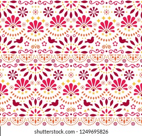 Mexican traditional folk art vector seamless geometric pattern with flowers and birds, orange and red fiesta design inspired by traditional art form Mexico. Repetitive floral background