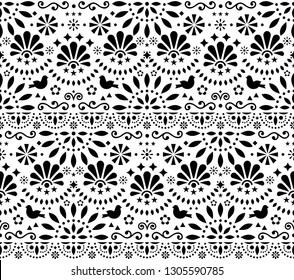 Mexican traditional folk art vector seamless geometric pattern with flowers and birds, black and white fiesta design inspired by traditional art form Mexico. Repetitive floral background 