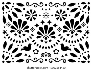 Mexican traditional folk art vector geometric pattern with flowers and birds, black and white greeting card or invitaion design inspired by traditional art from Mexico. Monochrome floral decor 