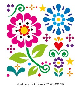 Mexican traditional folk art vector geometric pattern with flowers and leaves, inspired by designs from Mexico. Vibrant floral background perfect for greeting card or invitaion

 