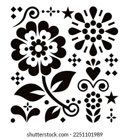 Mexican traditional folk art vector geometric pattern with flowers and leaves, inspired by designs from Mexico in black and white.   
Vibrant floral monochrome background perfect for greeting card 