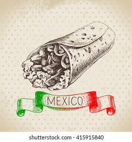 Mexican Traditional Food Background With Burrito. Hand Drawn Sketch Vector Illustration. Vintage Mexico Cuisine Banner