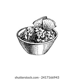Mexican traditional food background with guacamole. Hand drawn sketch vector illustration. 