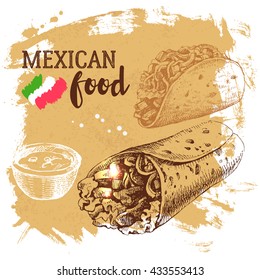 Mexican traditional food background. Hand drawn sketch vector illustration. Vintage Mexico cuisine banner