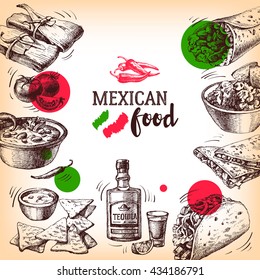 Mexican traditional food background. Hand drawn sketch vector illustration. Vintage Mexico cuisine banner. Restaurant menu