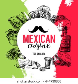 Mexican traditional food background. Hand drawn sketch vector illustration. Vintage Mexico cuisine menu design