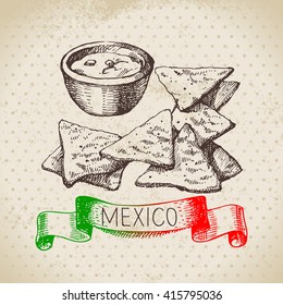 Mexican traditional food background with nachos. Hand drawn sketch vector illustration. Vintage Mexico cuisine banner