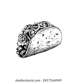 Mexican traditional food background with tacos. Hand drawn sketch vector illustration.