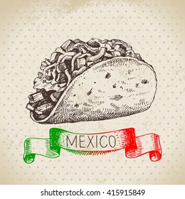 Mexican traditional food background with tacos. Hand drawn sketch vector illustration. Vintage Mexico cuisine banner